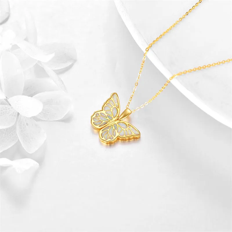 14K Gold Opal Butterfly Pendant Necklace