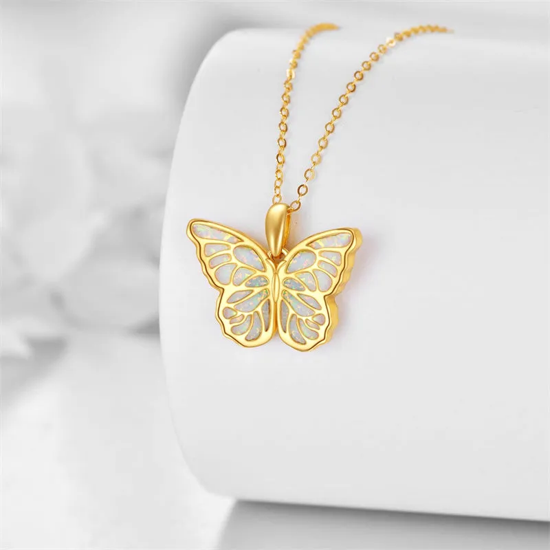 14K Gold Opal Butterfly Pendant Necklace