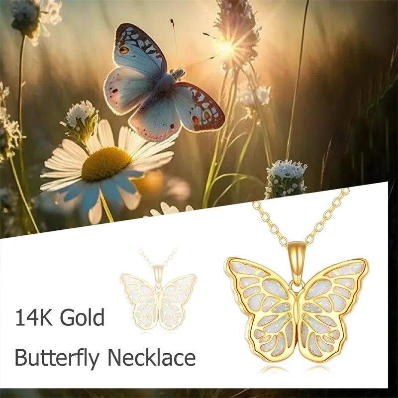 14K Gold Opal Butterfly Pendant Necklace