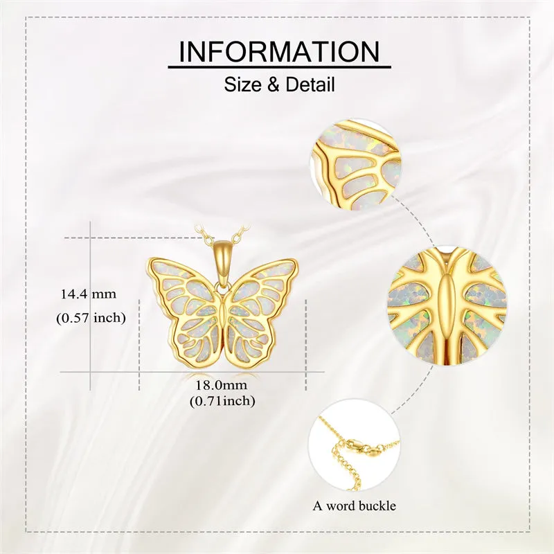 14K Gold Opal Butterfly Pendant Necklace