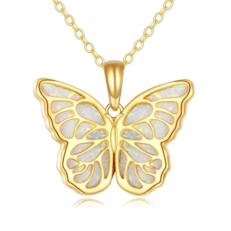 14K Gold Opal Butterfly Pendant Necklace