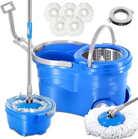 360 Spin Mop and Bucket System with 5 Reusable Microfiber Mop Heads and 1 Cleaning Brush Spining Mop Bucket Set with Wringer on Wheels and Collapsible Handle