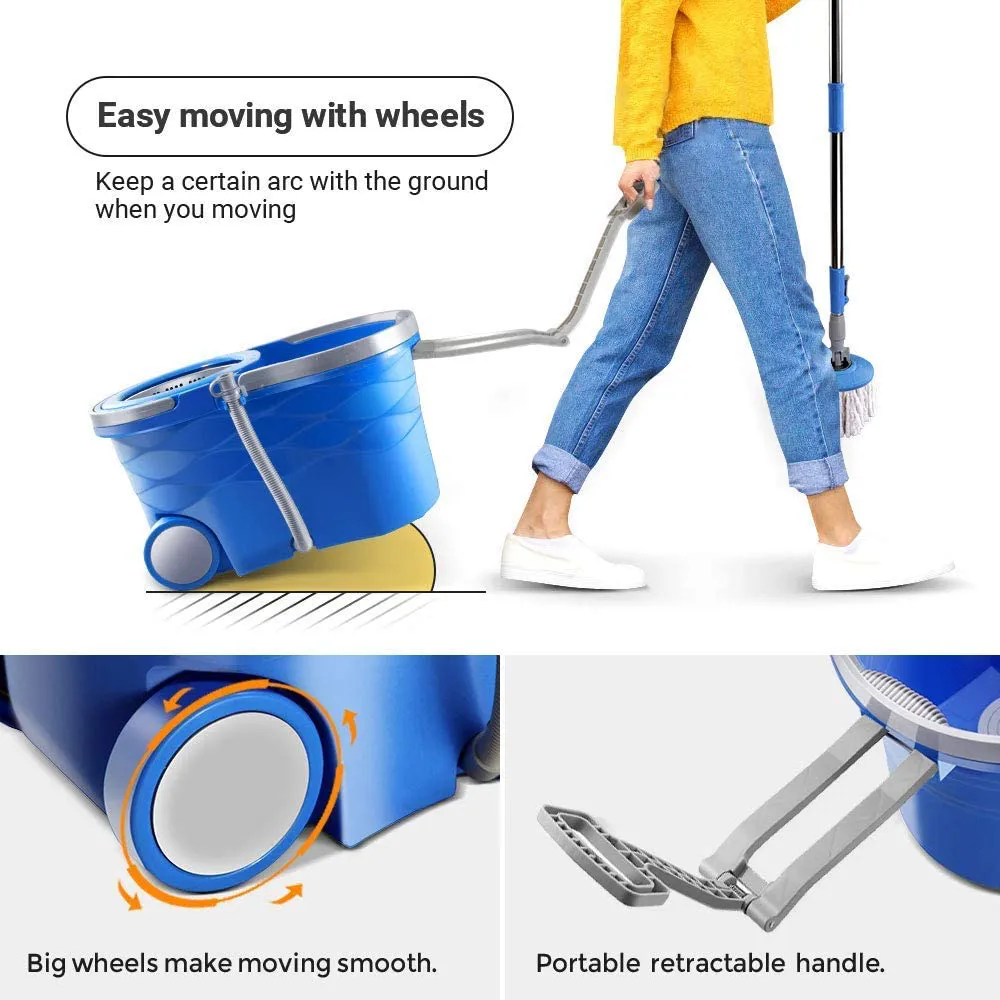 360 Spin Mop and Bucket System with 5 Reusable Microfiber Mop Heads and 1 Cleaning Brush Spining Mop Bucket Set with Wringer on Wheels and Collapsible Handle