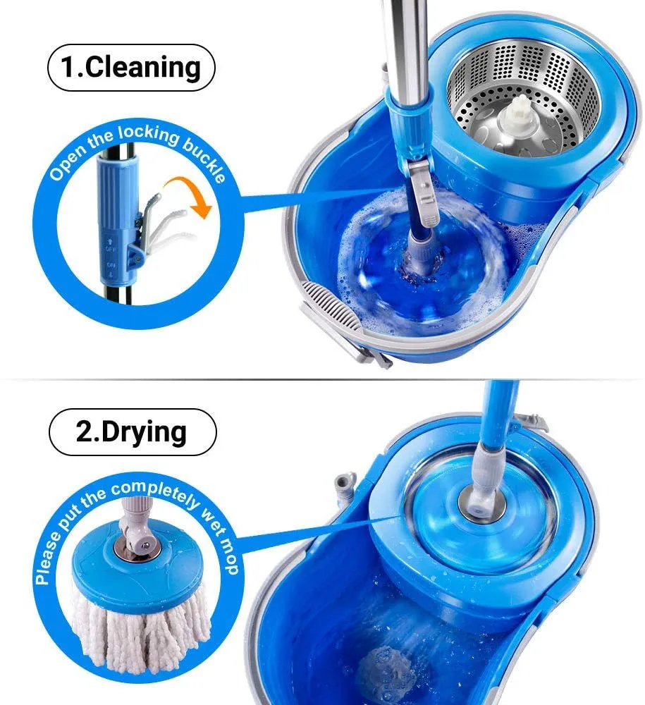 360 Spin Mop and Bucket System with 5 Reusable Microfiber Mop Heads and 1 Cleaning Brush Spining Mop Bucket Set with Wringer on Wheels and Collapsible Handle