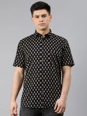 Black Cotton Short Sleeves Shirts For Men