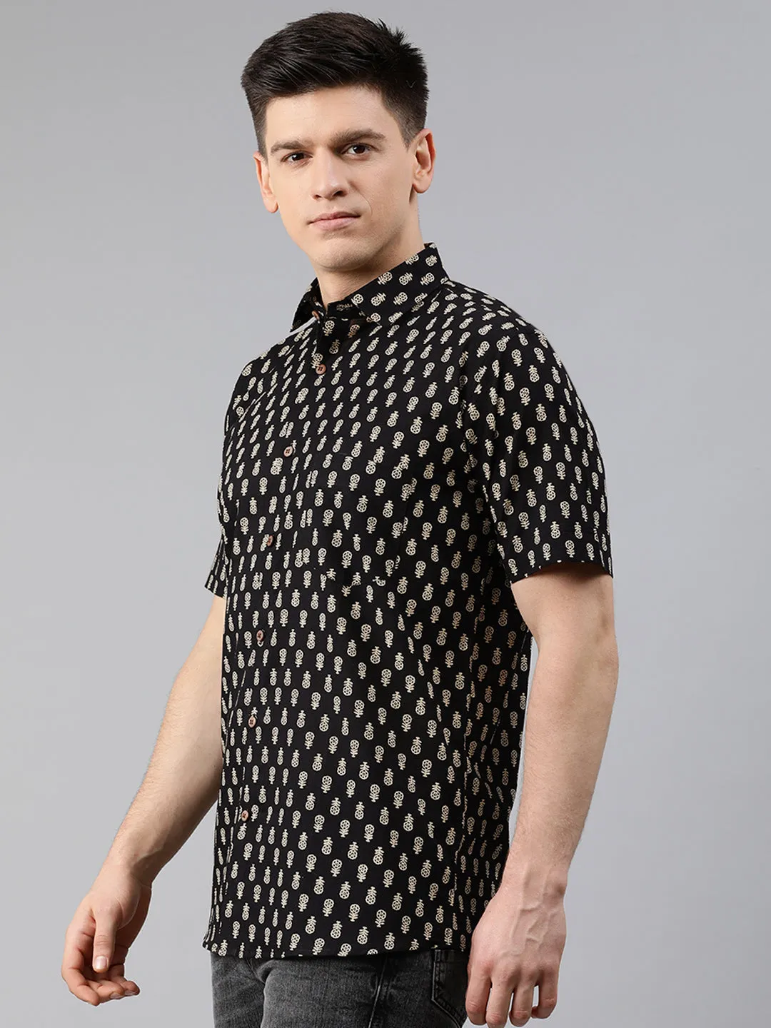 Black Cotton Short Sleeves Shirts For Men