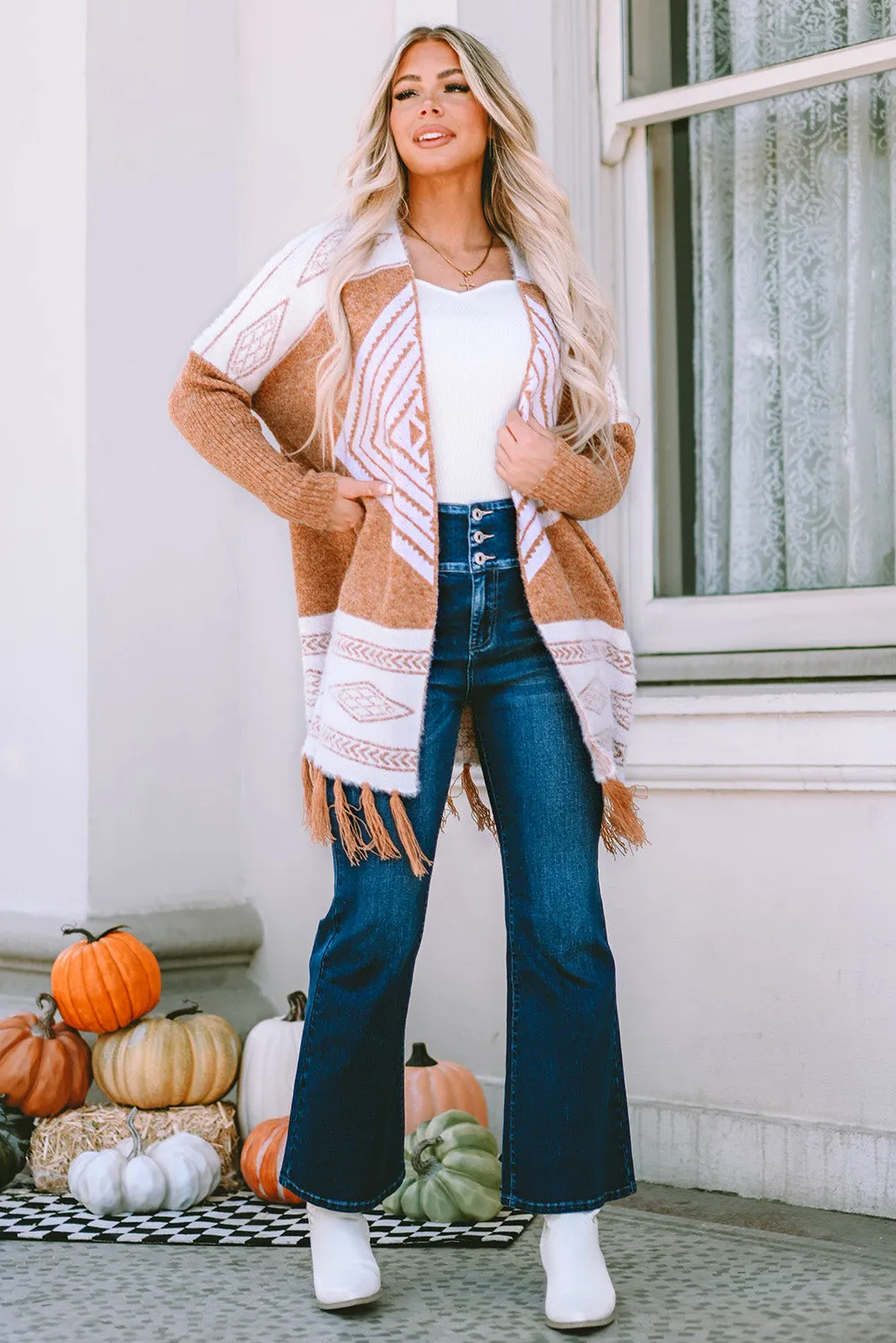 Brown Western Furry Knit Tassel Hem Cardigan