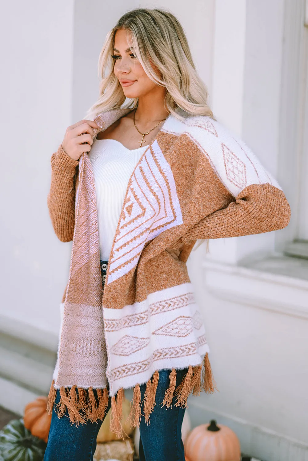 Brown Western Furry Knit Tassel Hem Cardigan