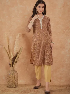 Chocolate Brown White Lace V Neck Straight Kurta