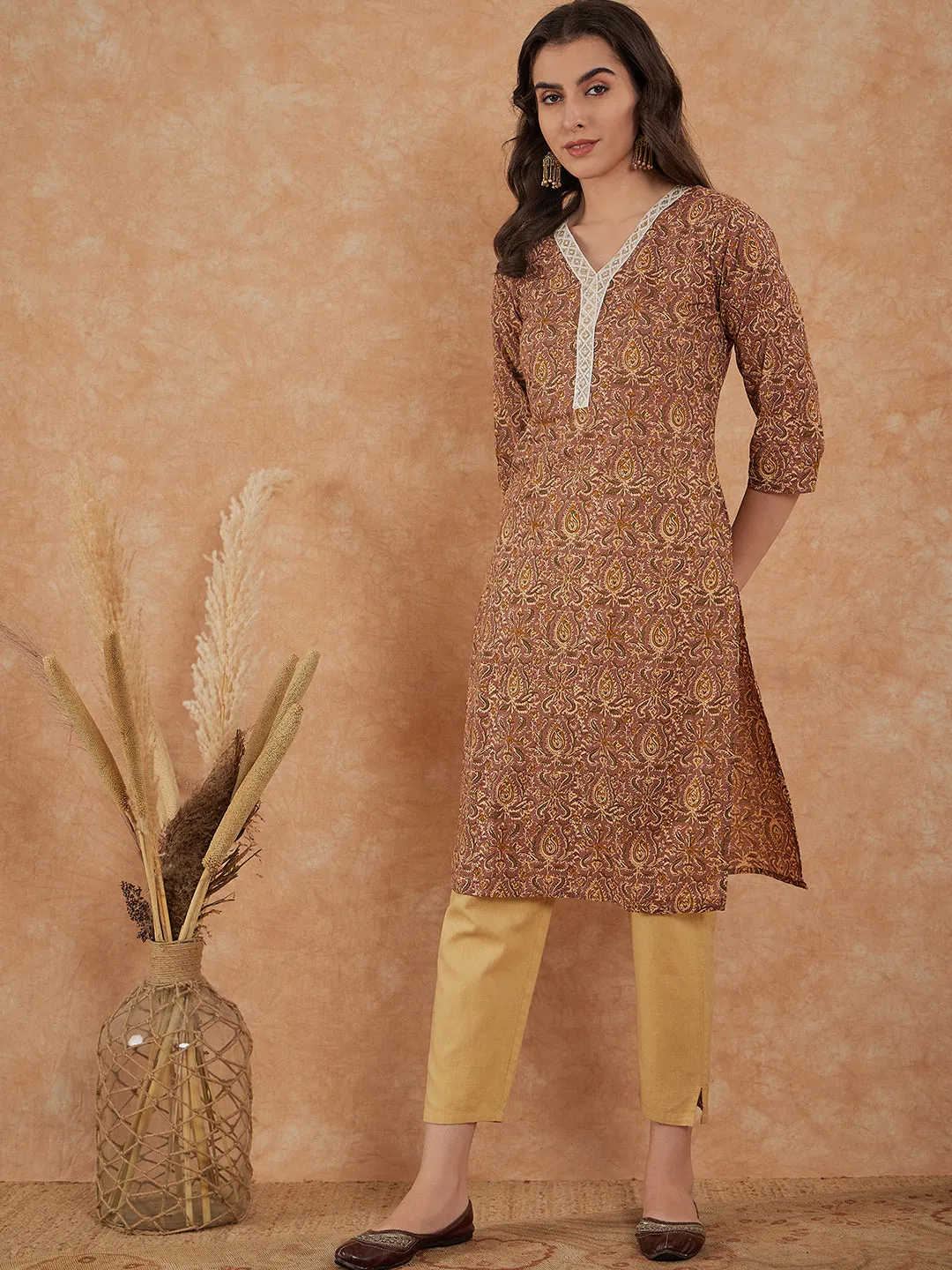 Chocolate Brown White Lace V Neck Straight Kurta