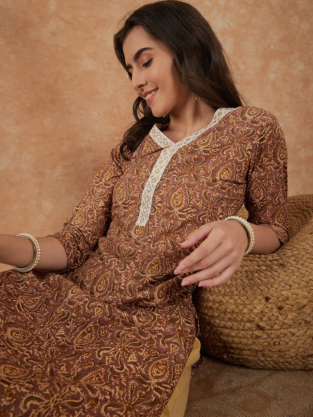 Chocolate Brown White Lace V Neck Straight Kurta