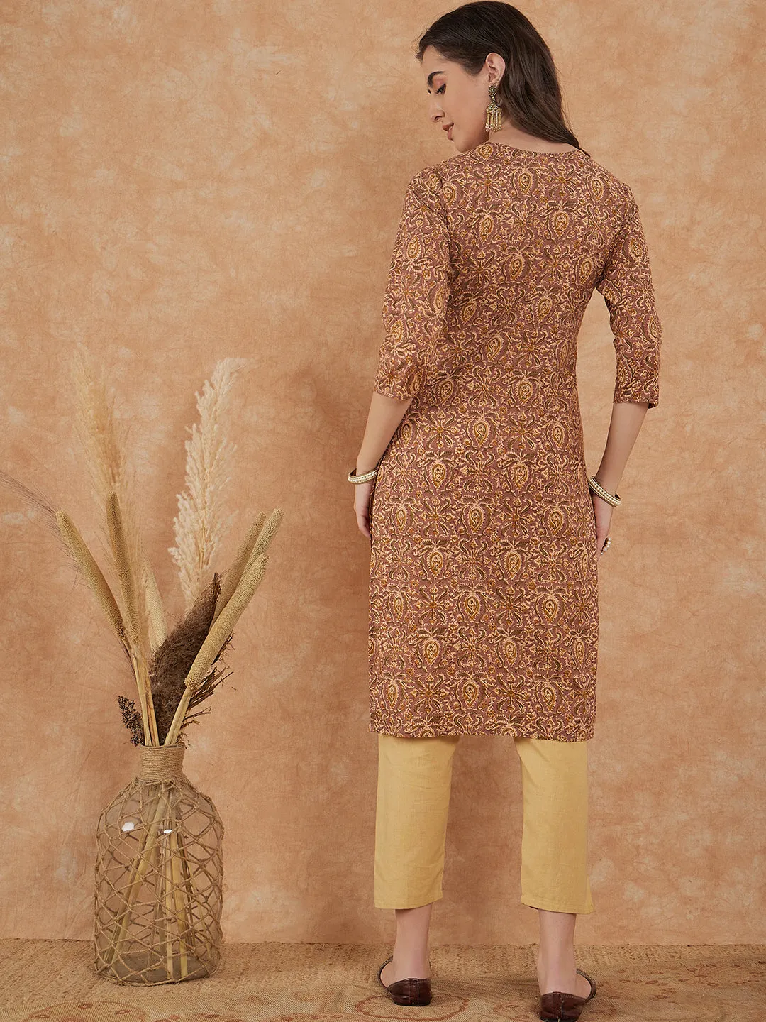 Chocolate Brown White Lace V Neck Straight Kurta