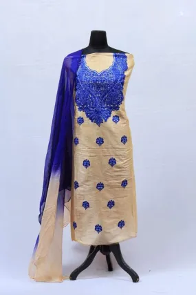 Designer Beige Colour Salwar kameez With Amazing Contrast Of Mesmerising Blue Colour Embroidery