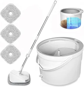 DINOKA Spin Mop and Bucket with Separate Clean/Dirty Double Water Storage Areas Hands Free Microfiber Spin Mop Dry Wet Self Wringing, Adjustable Stainless Steel Handle, 4 Microfiber Pads