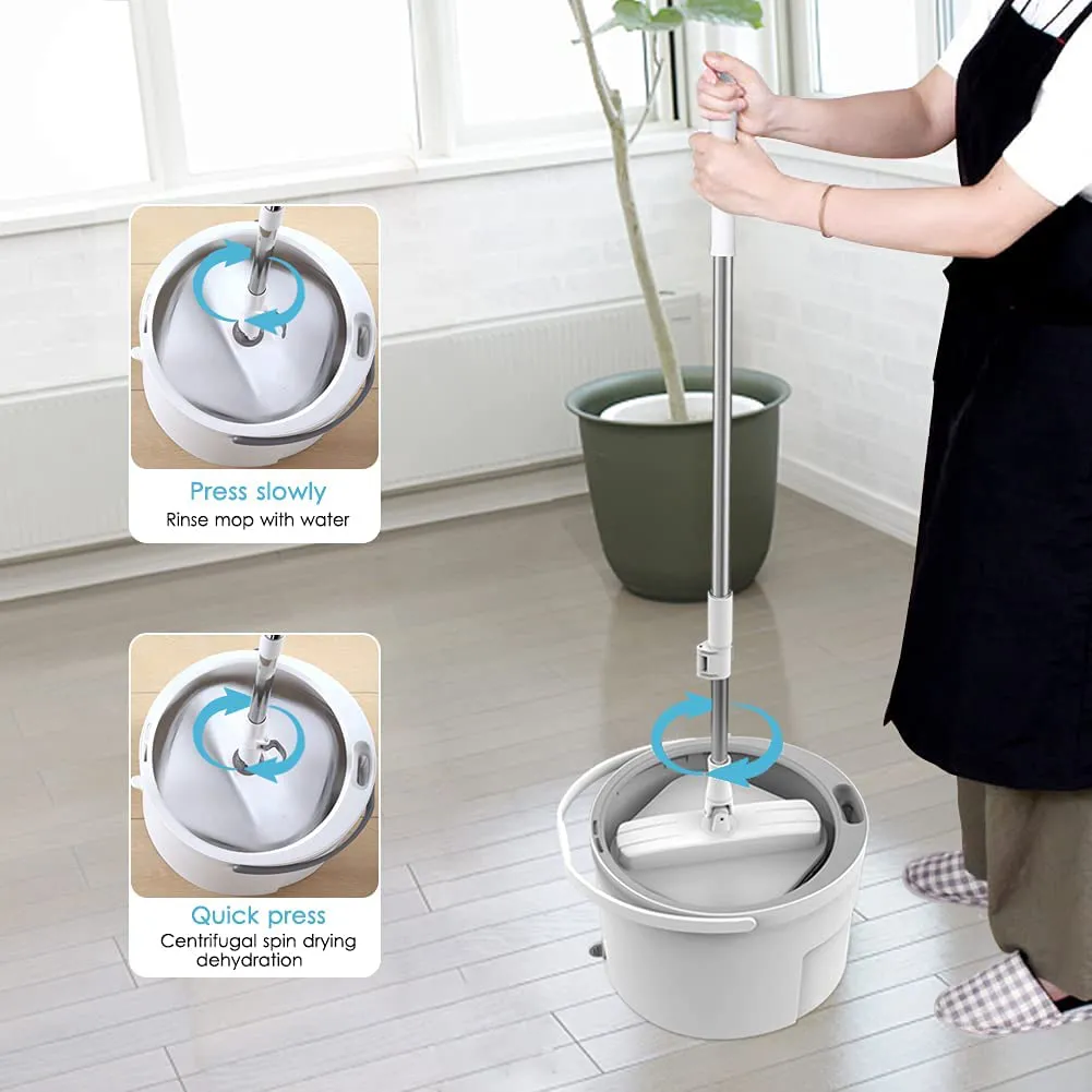 DINOKA Spin Mop and Bucket with Separate Clean/Dirty Double Water Storage Areas Hands Free Microfiber Spin Mop Dry Wet Self Wringing, Adjustable Stainless Steel Handle, 4 Microfiber Pads