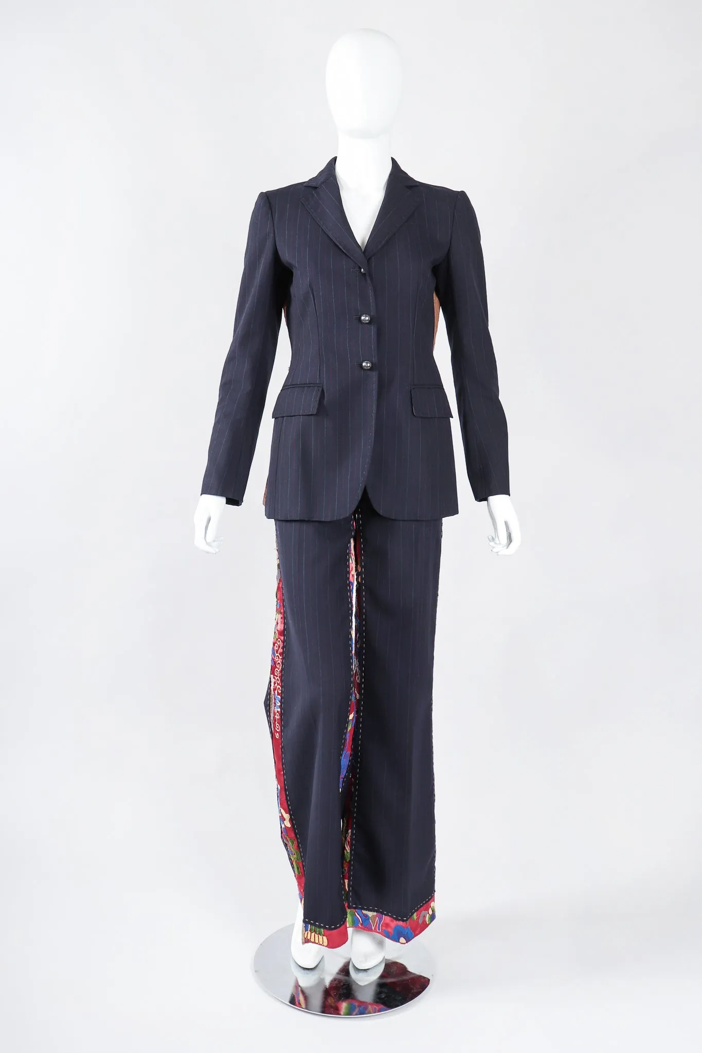 Embroidered Silk Contrast Pinstripe Pant