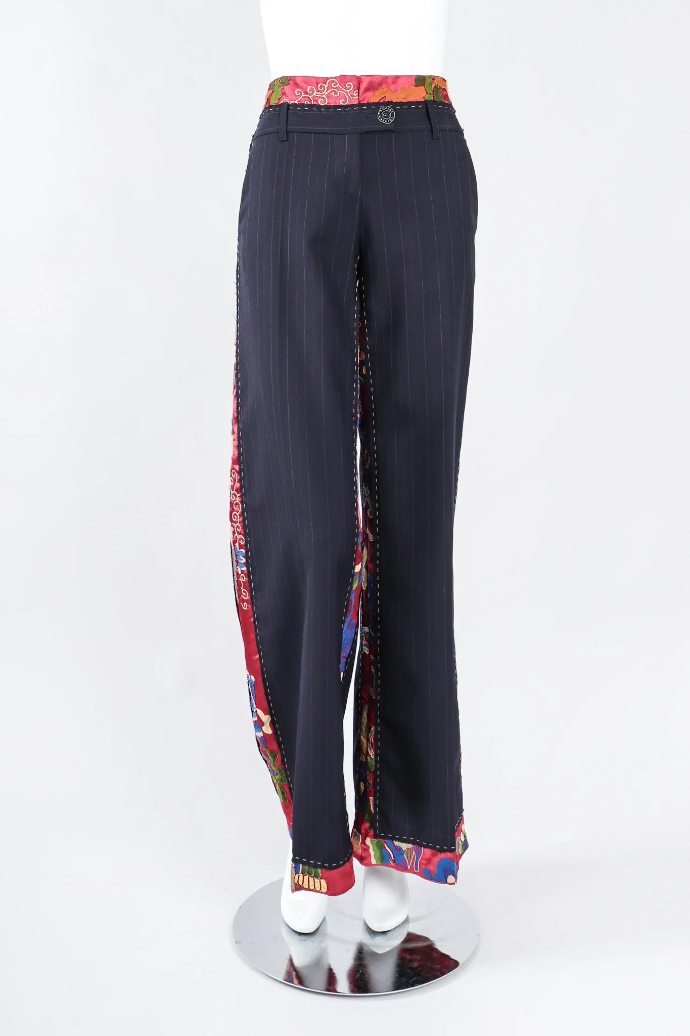 Embroidered Silk Contrast Pinstripe Pant