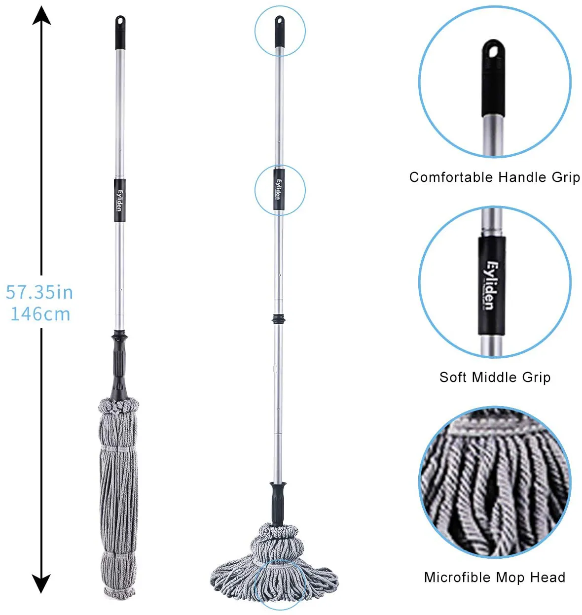 Eyliden Twist Mop & Refills Kit - Hand Release - Dry & Wet Mops for Hardwood, Tile Floor Cleaning - Easy to Wring, Include 2 Replacement Heads, 57.7inch Long Handle, Top Scouring Pad (Grey)