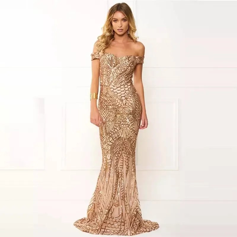 G153, Golden Sequin Mermaid Cocktail Evening Gown, Size (XS-30 to L-36)