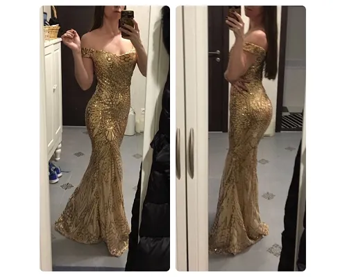 G153, Golden Sequin Mermaid Cocktail Evening Gown, Size (XS-30 to L-36)