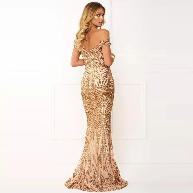 G153, Golden Sequin Mermaid Cocktail Evening Gown, Size (XS-30 to L-36)