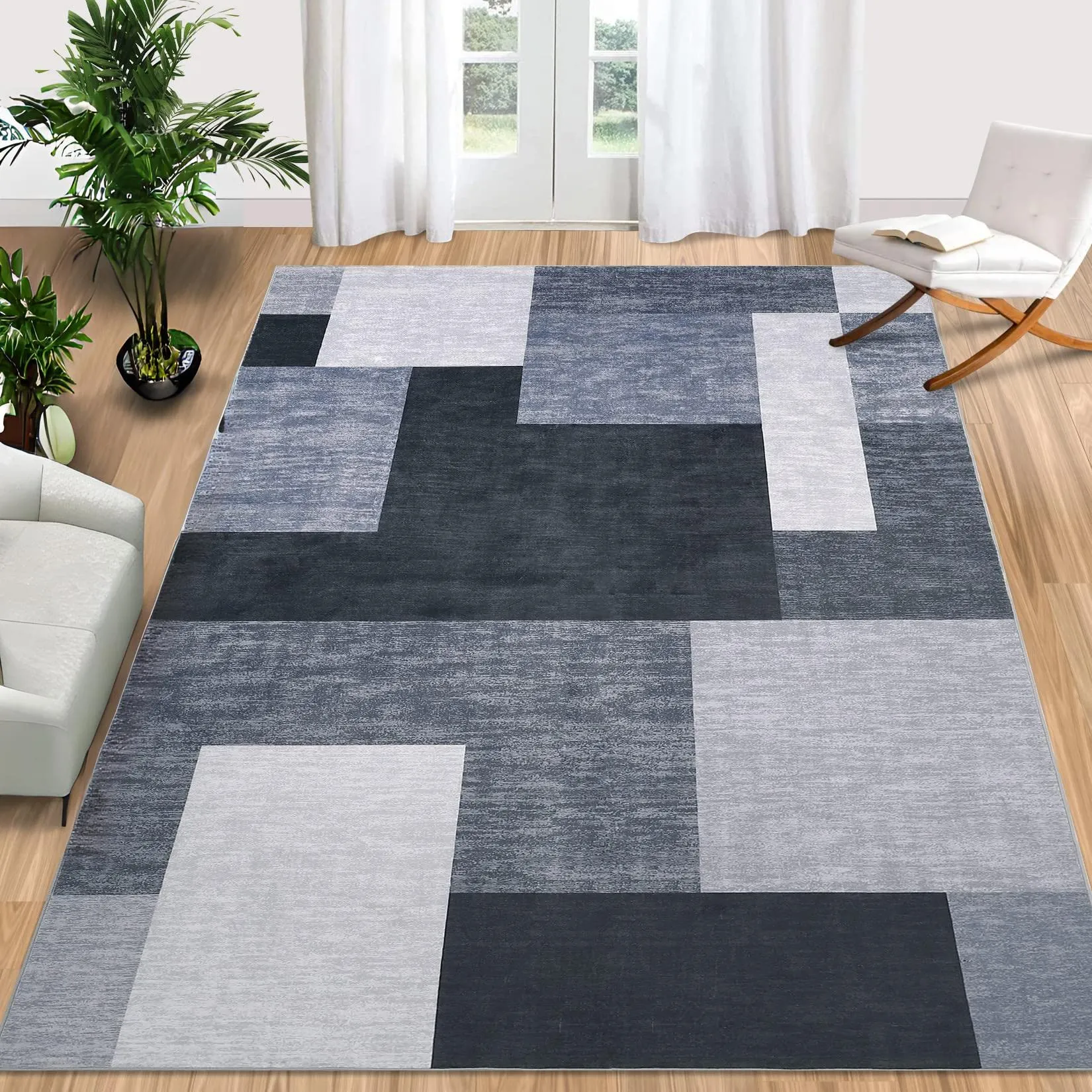 GARVEE Abstract Rug Geometric Area Rugs for Bedroom, 5x8 Ft, Super Soft Indoor Modern Throw Rugs, Non Slip Floor Carpet, Low Pile Machine Washable Rugs for Bedside Hallway Living Room Kitchen, Grey