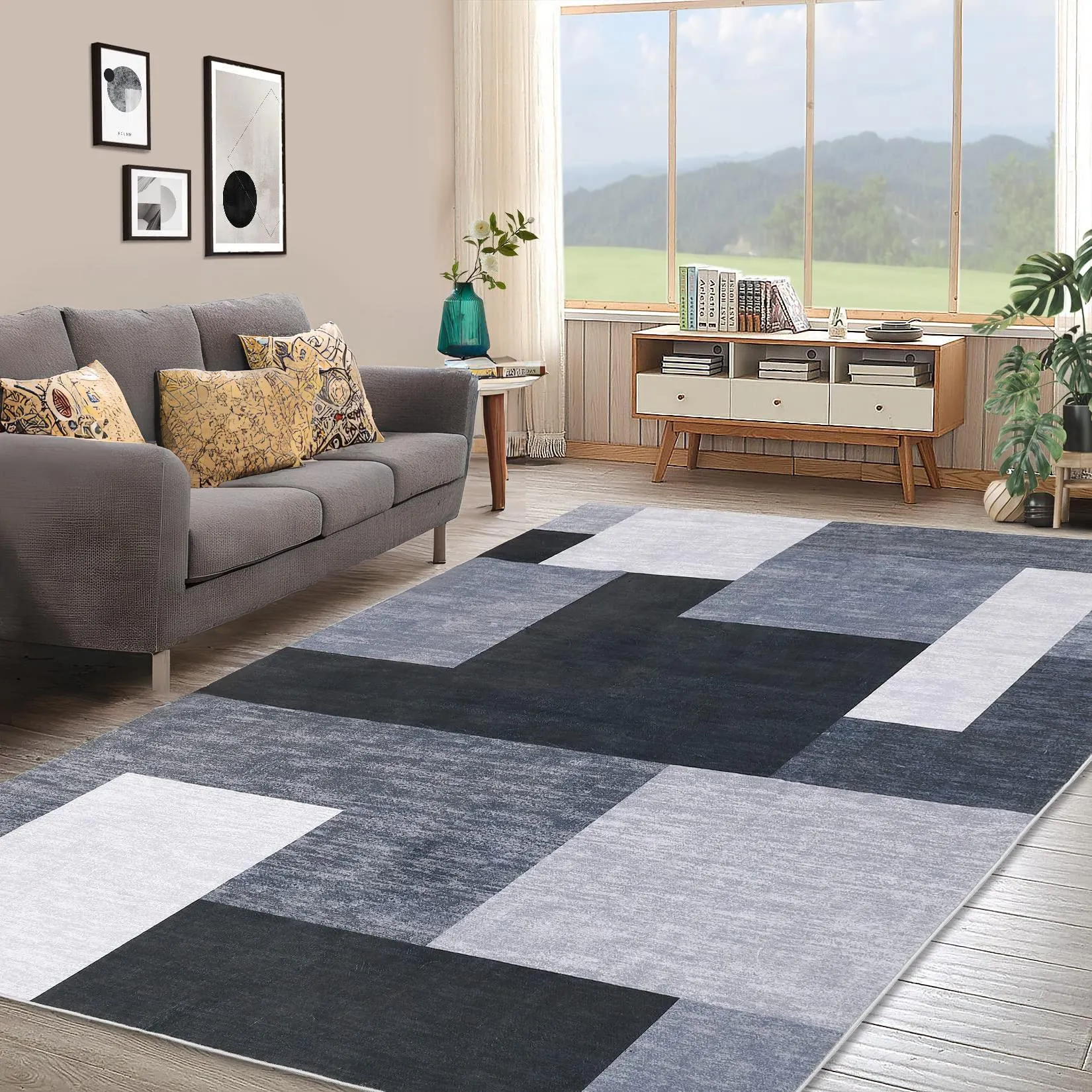 GARVEE Abstract Rug Geometric Area Rugs for Bedroom, 5x8 Ft, Super Soft Indoor Modern Throw Rugs, Non Slip Floor Carpet, Low Pile Machine Washable Rugs for Bedside Hallway Living Room Kitchen, Grey