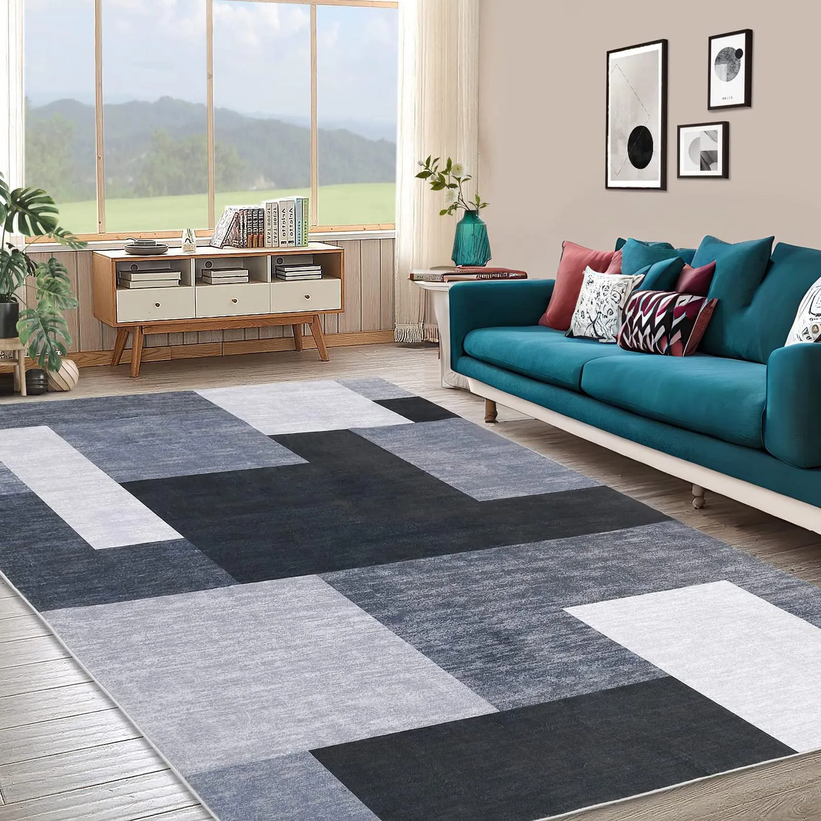 GARVEE Abstract Rug Geometric Area Rugs for Bedroom, 5x8 Ft, Super Soft Indoor Modern Throw Rugs, Non Slip Floor Carpet, Low Pile Machine Washable Rugs for Bedside Hallway Living Room Kitchen, Grey