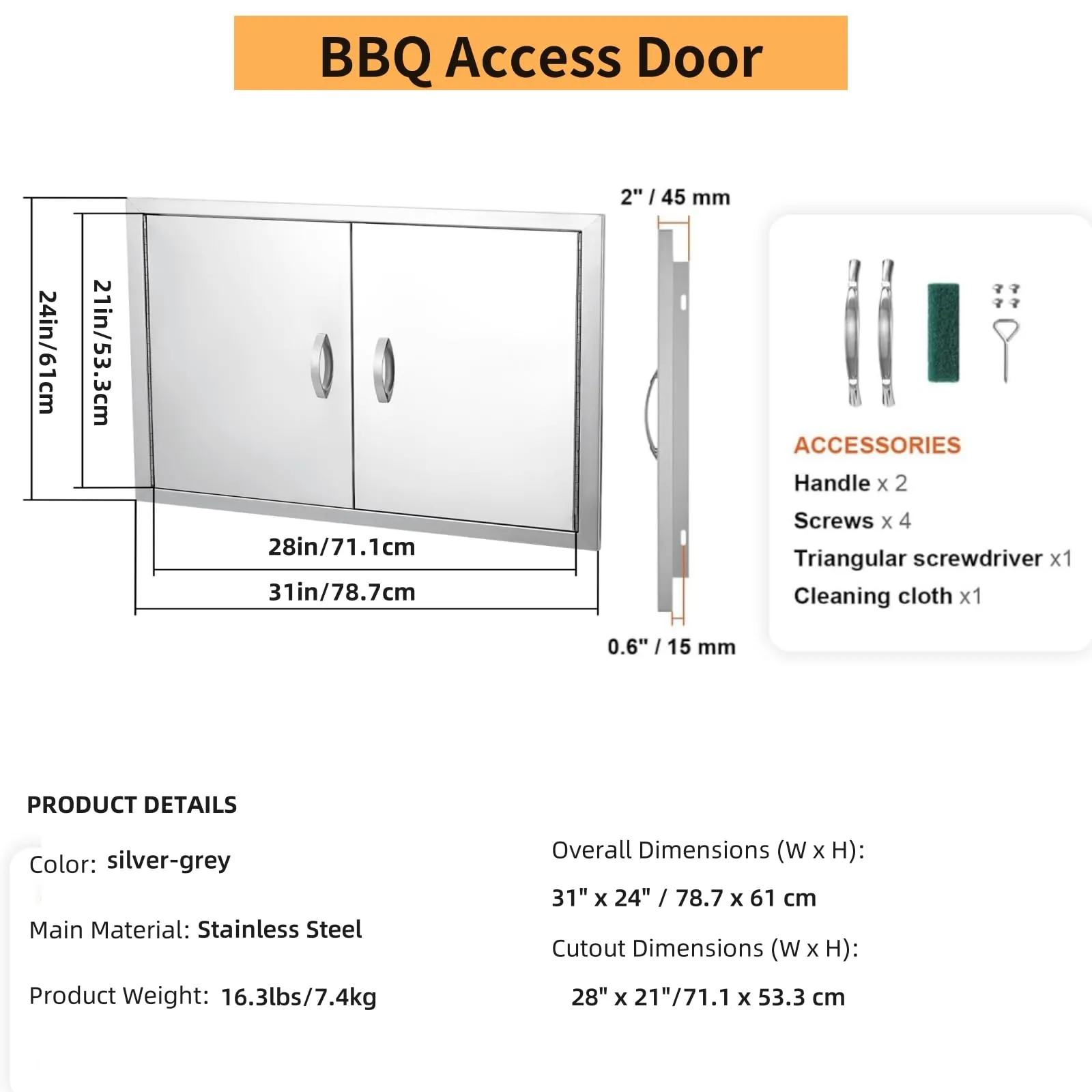 GARVEE BBQ Access Door 31 W x 24 H, Double Outdoor Kitchen Door, Weatherproof Built in 304 Stainless Steel with Handle for Outside, Commercial, BBQ Island, Grilling Station, Outside Cabinet