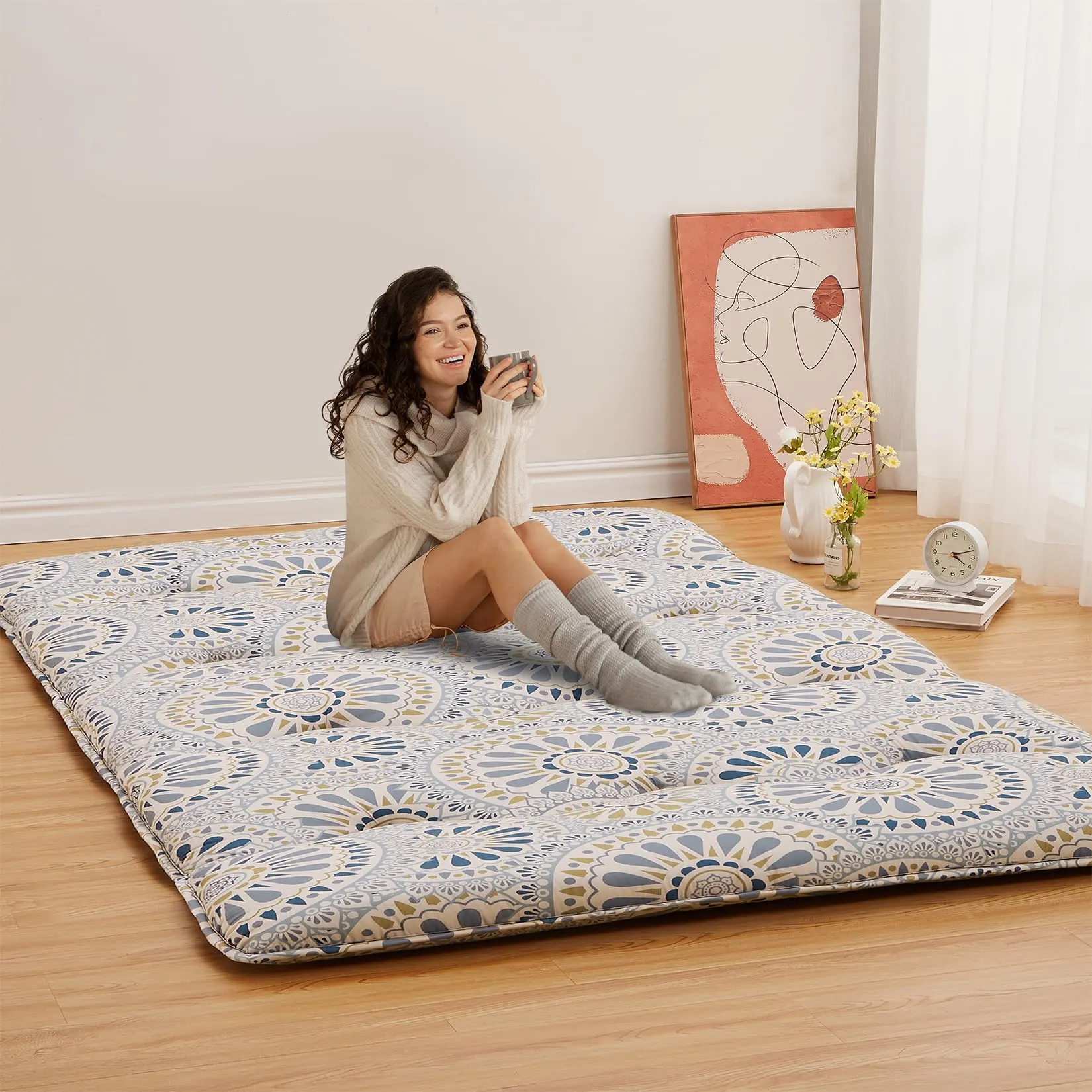 GARVEE Floral Pattern Japanese Futon Mattress for Adults, Full Size Futon Mattress for Guest Room Kids Room, Sleeping Mattress for Floor Roll Up Camping Mattress