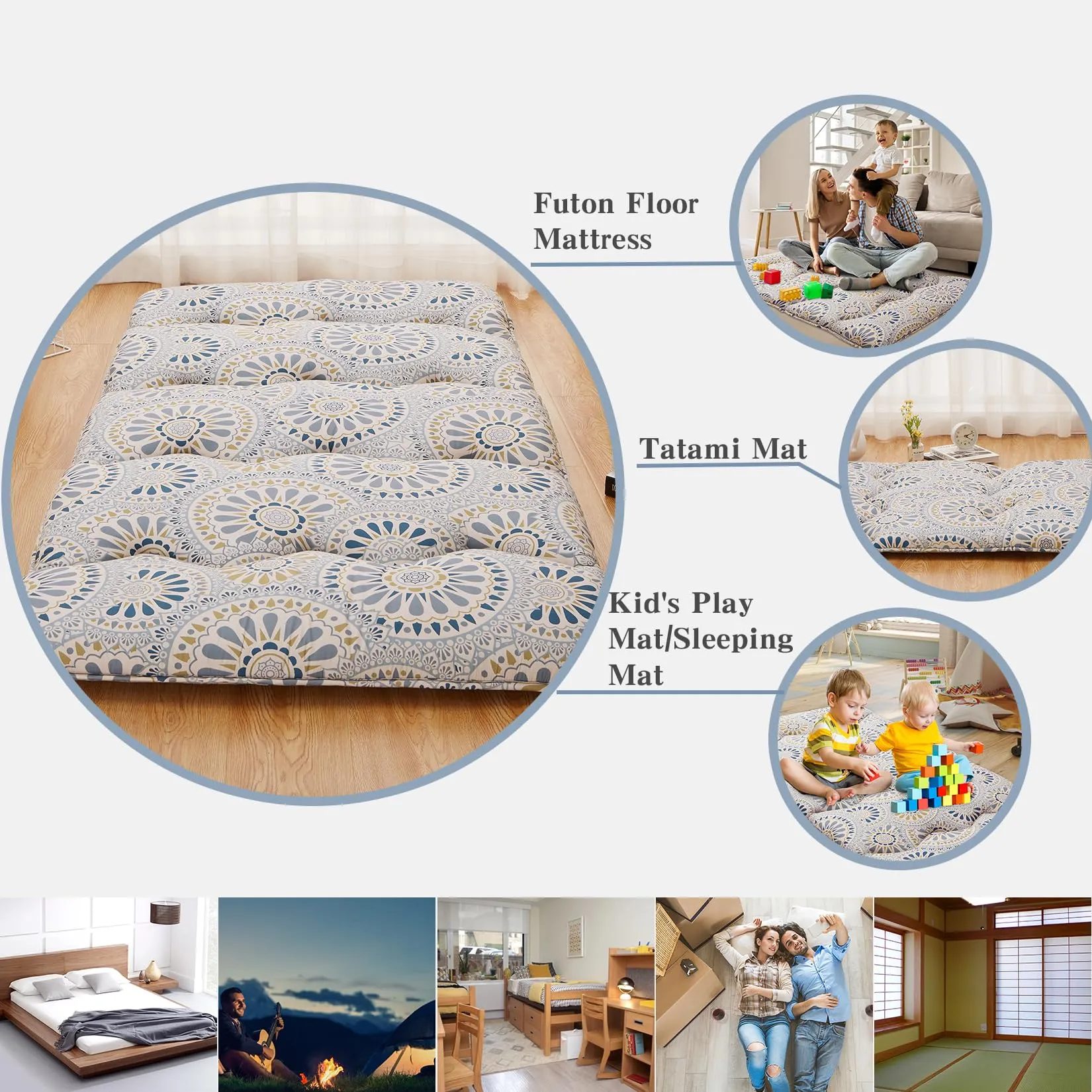 GARVEE Floral Pattern Japanese Futon Mattress for Adults, Full Size Futon Mattress for Guest Room Kids Room, Sleeping Mattress for Floor Roll Up Camping Mattress