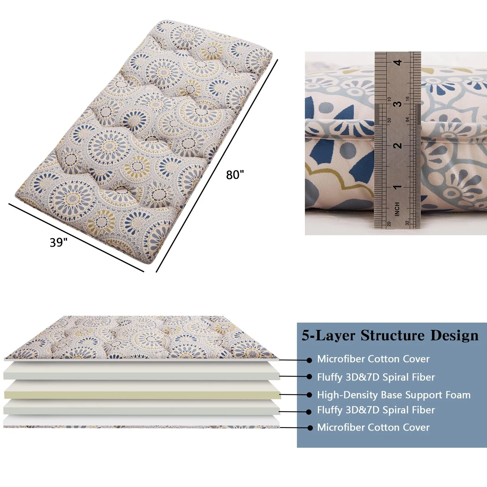 GARVEE Floral Pattern Japanese Futon Mattress for Adults, Twin Size Futon Mattress for Guest Room Kids Room, Sleeping Mattress for Floor Roll Up Camping Mattress