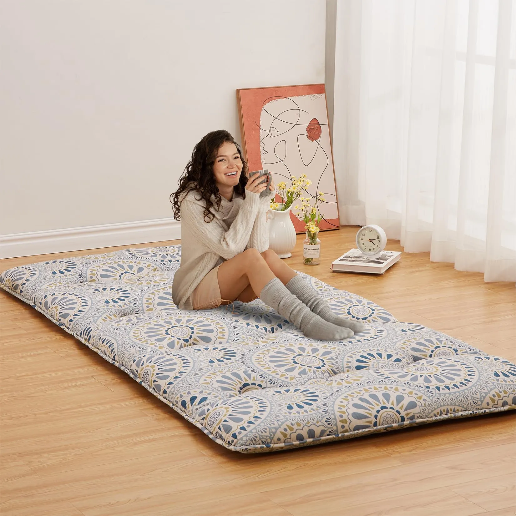 GARVEE Floral Pattern Japanese Futon Mattress for Adults, Twin Size Futon Mattress for Guest Room Kids Room, Sleeping Mattress for Floor Roll Up Camping Mattress