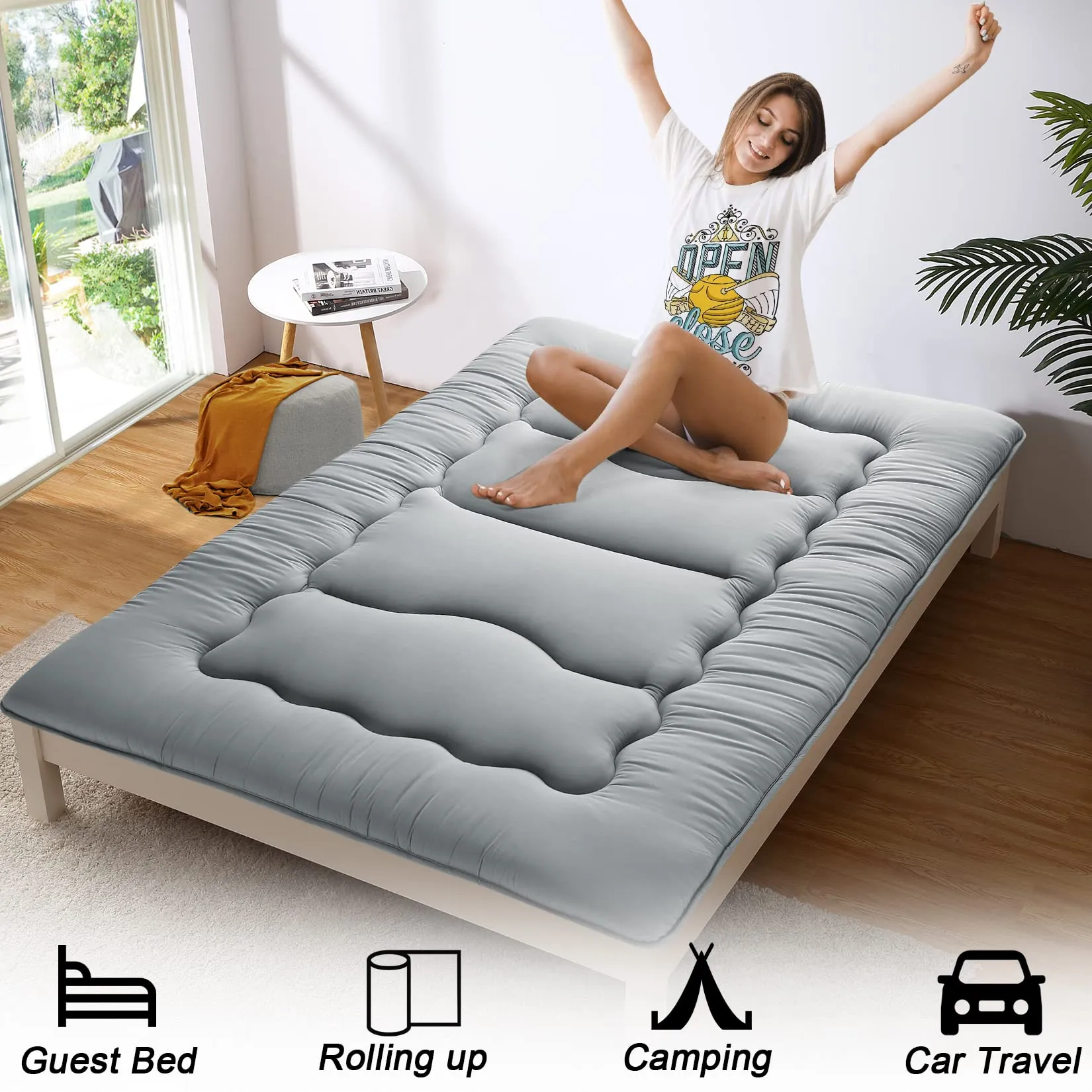 GARVEE Japanese Floor Futon Mattress, Thick Tatami Mat, Foldable Roll Up, Microfiber Fabric, Supportive Sponge, Twin/Full/Queen, Dormitory/Travel/Camping