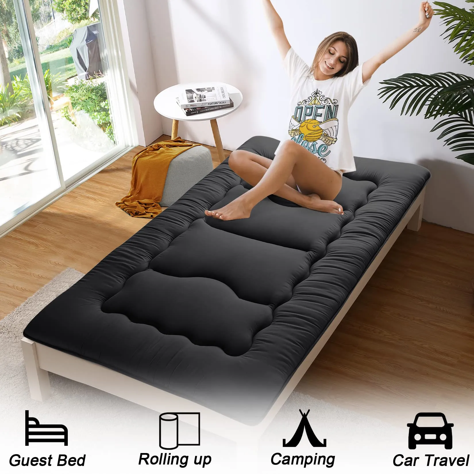 GARVEE Japanese Floor Futon Mattress, Thick Tatami Mat, Foldable Roll Up, Microfiber, Sponge Filling, Twin/Full/Queen, Dormitory, Camping