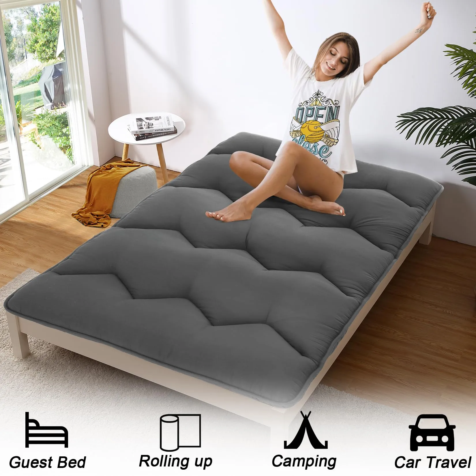 GARVEE Japanese Futon Mattress, Full Size Foldable Japanese Style Floor Mattress Roll Up, Tatami Mat, Camping Mattress Pad, Dark Grey