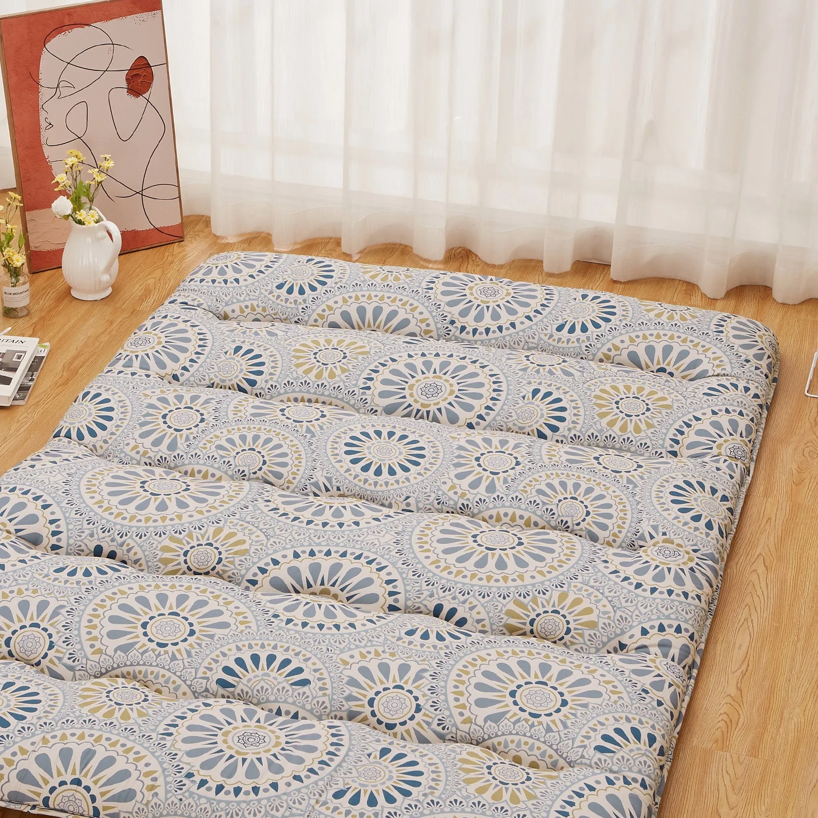 GARVEE Japanese Futon Mattress, Full Size Futon Floor Mattress Japanese Style Floral Pattern Mattress for Floor, Tatami Mat, Sleeping Mattress Pad for Camping Travel, Disc Flower