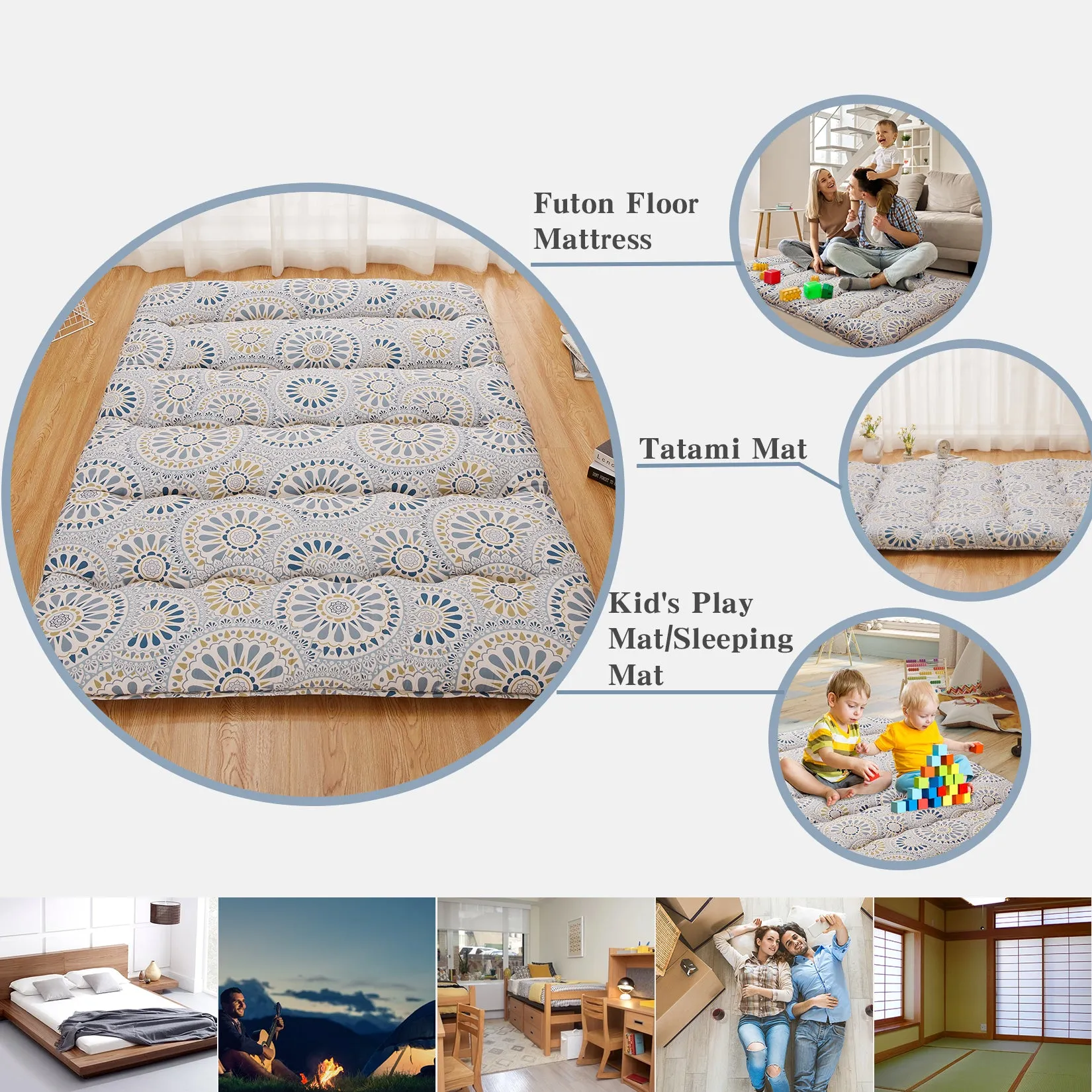 GARVEE Japanese Futon Mattress, Full Size Futon Floor Mattress Japanese Style Floral Pattern Mattress for Floor, Tatami Mat, Sleeping Mattress Pad for Camping Travel, Disc Flower