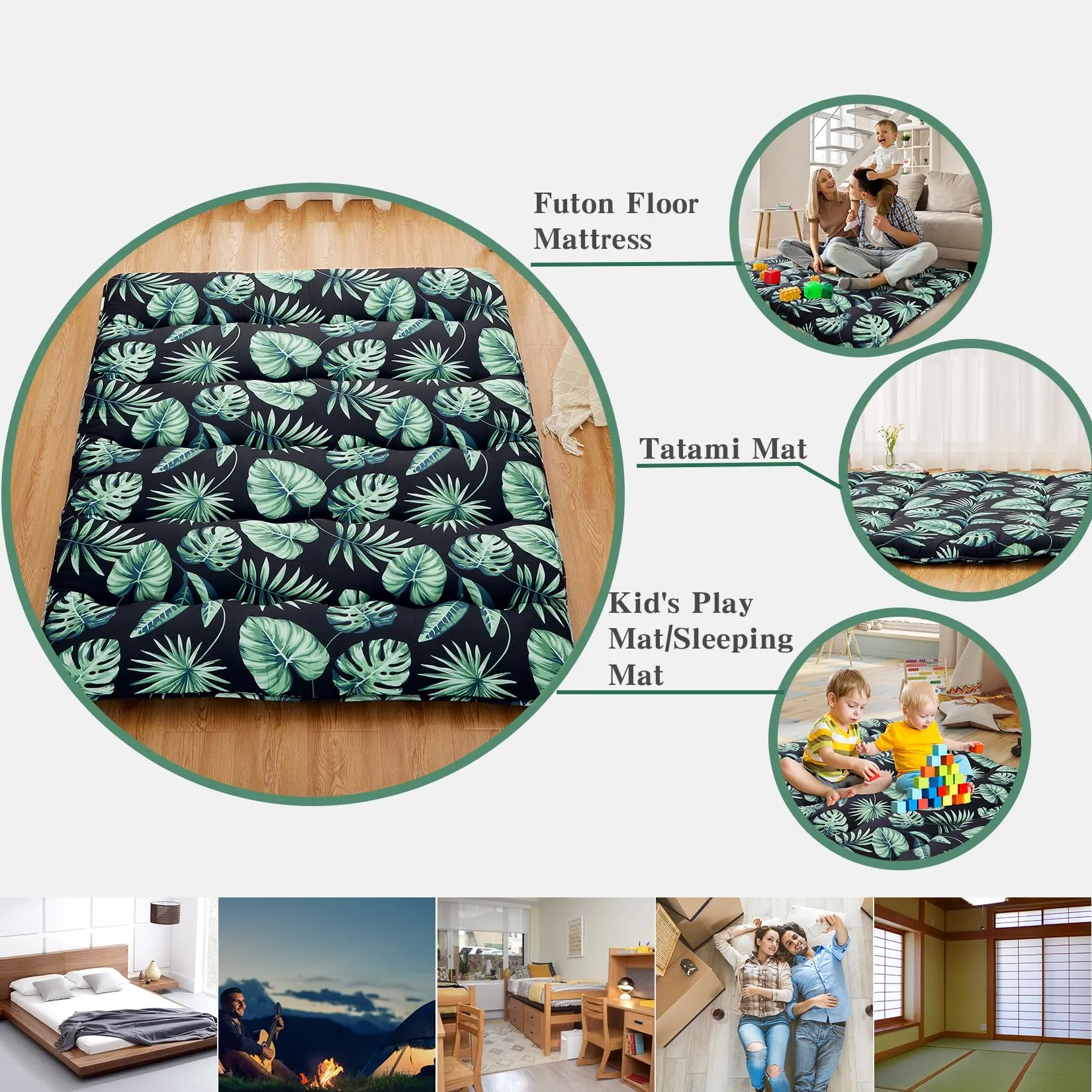 GARVEE Japanese Futon Mattress, Full Size Futon Floor Mattress Japanese Style Floral Pattern Mattress for Floor, Tatami Mat, Sleeping Mattress Pad for Camping Travel, Green Leaf