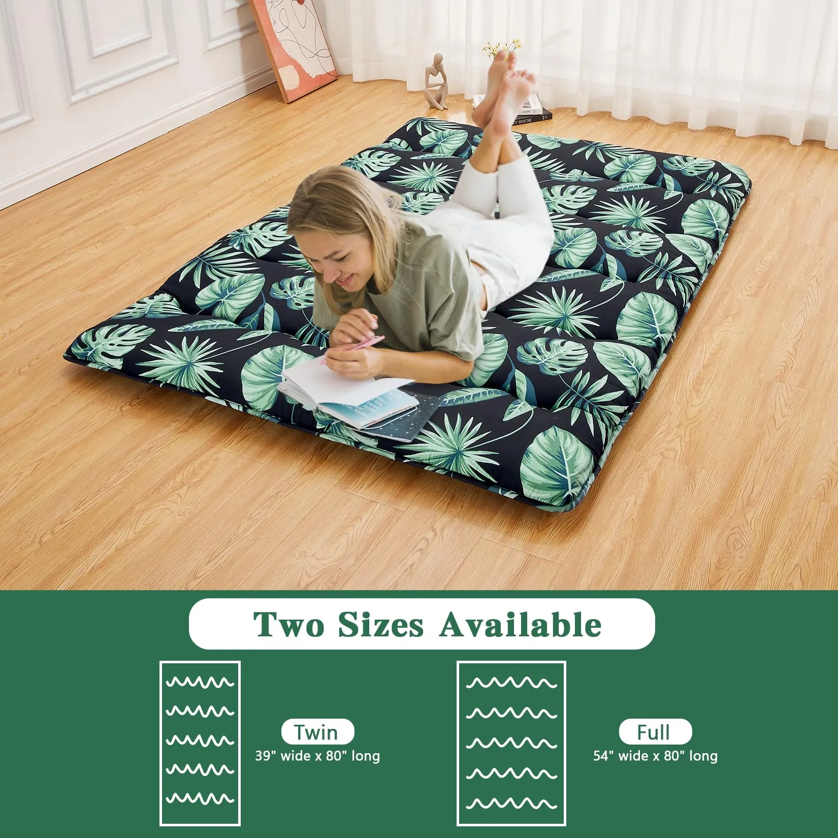 GARVEE Japanese Futon Mattress, Full Size Futon Floor Mattress Japanese Style Floral Pattern Mattress for Floor, Tatami Mat, Sleeping Mattress Pad for Camping Travel, Green Leaf