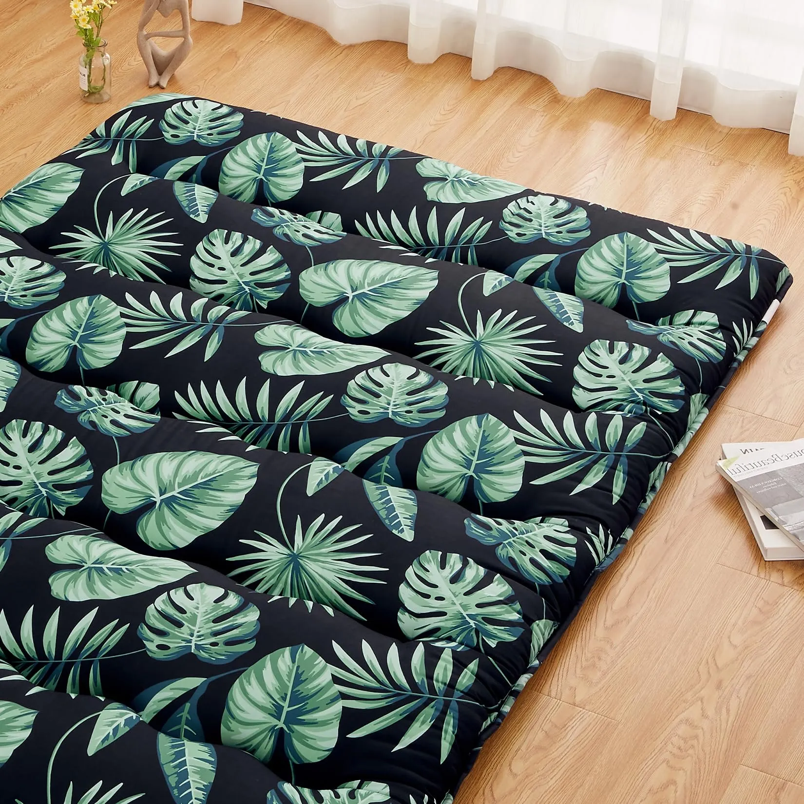 GARVEE Japanese Futon Mattress, Full Size Futon Floor Mattress Japanese Style Floral Pattern Mattress for Floor, Tatami Mat, Sleeping Mattress Pad for Camping Travel, Green Leaf