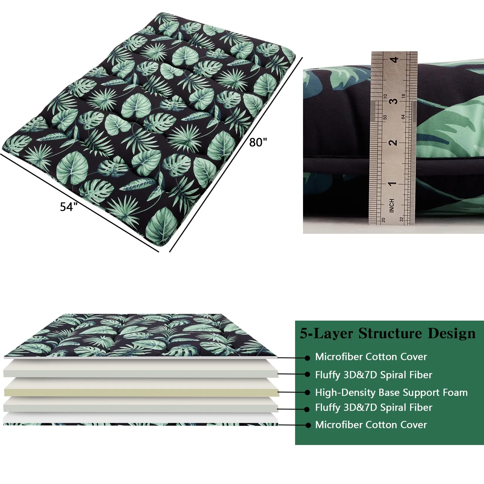 GARVEE Japanese Futon Mattress, Full Size Futon Floor Mattress Japanese Style Floral Pattern Mattress for Floor, Tatami Mat, Sleeping Mattress Pad for Camping Travel, Green Leaf