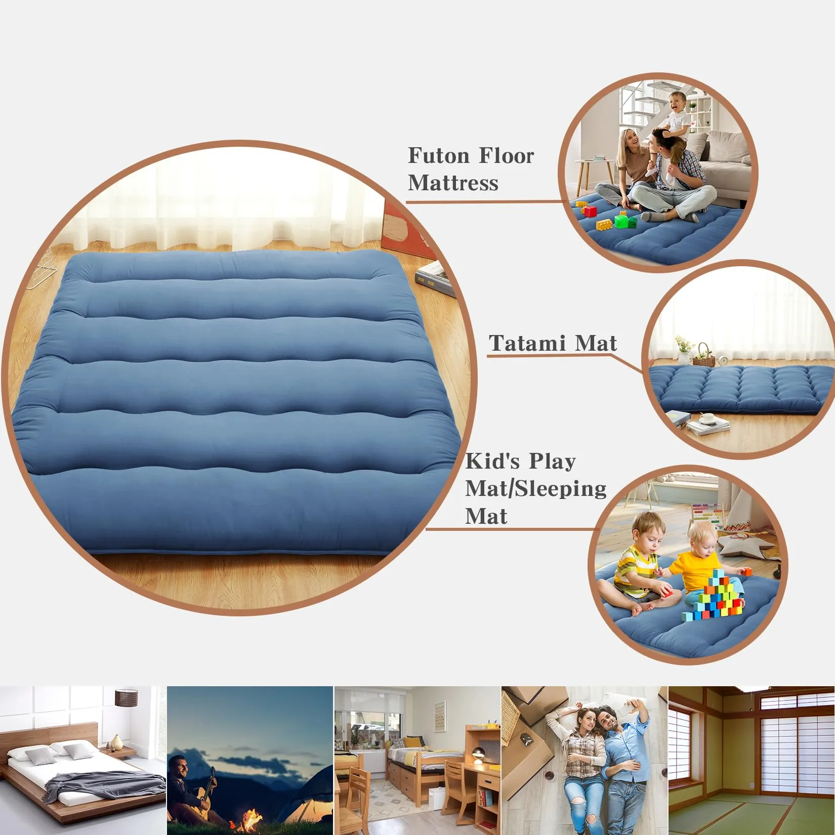 GARVEE Japanese Futon Mattress Full Size, Japanese Style Floor Mattress for Adults, Foldable Mattress for Floor Sleeping Mattress Pad, Tatami Mat, Camping Mattress, Wave Navy