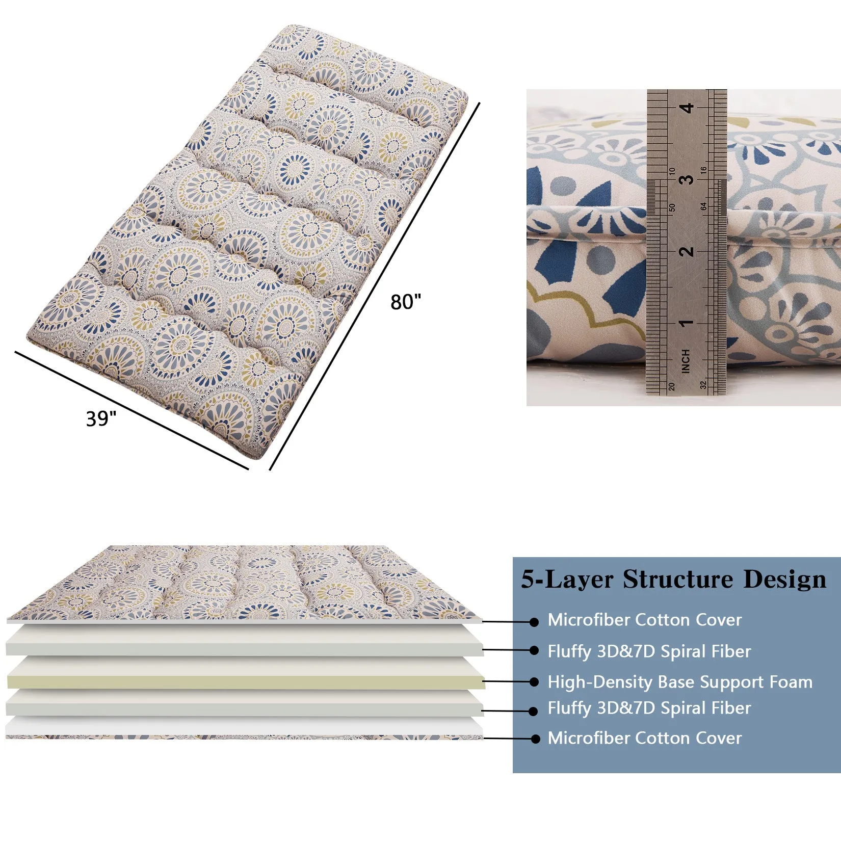 GARVEE Japanese Futon Mattress, Twin Size Futon Floor Mattress Japanese Style Floral Pattern Mattress for Floor, Tatami Mat, Sleeping Mattress Pad for Camping Travel, Disc Flower