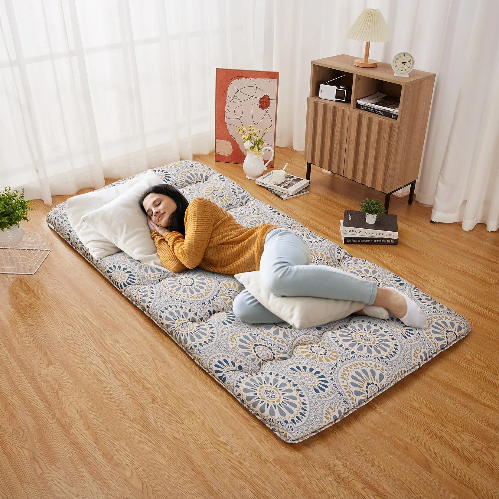 GARVEE Japanese Futon Mattress, Twin Size Futon Floor Mattress Japanese Style Floral Pattern Mattress for Floor, Tatami Mat, Sleeping Mattress Pad for Camping Travel, Disc Flower