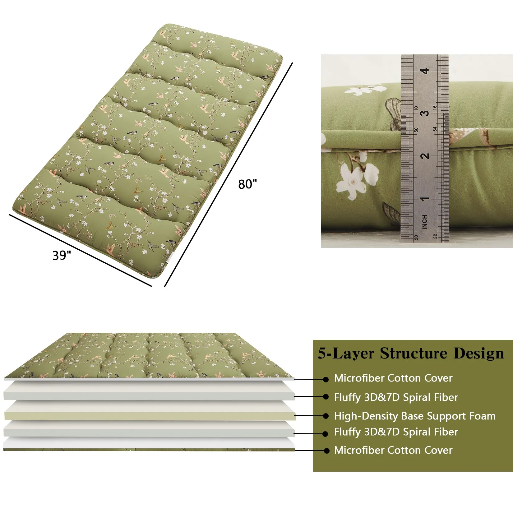 GARVEE Japanese Futon Mattress, Twin Size Futon Floor Mattress Japanese Style Floral Pattern Mattress for Floor, Tatami Mat, Sleeping Mattress Pad for Camping Travel, Fly Bird