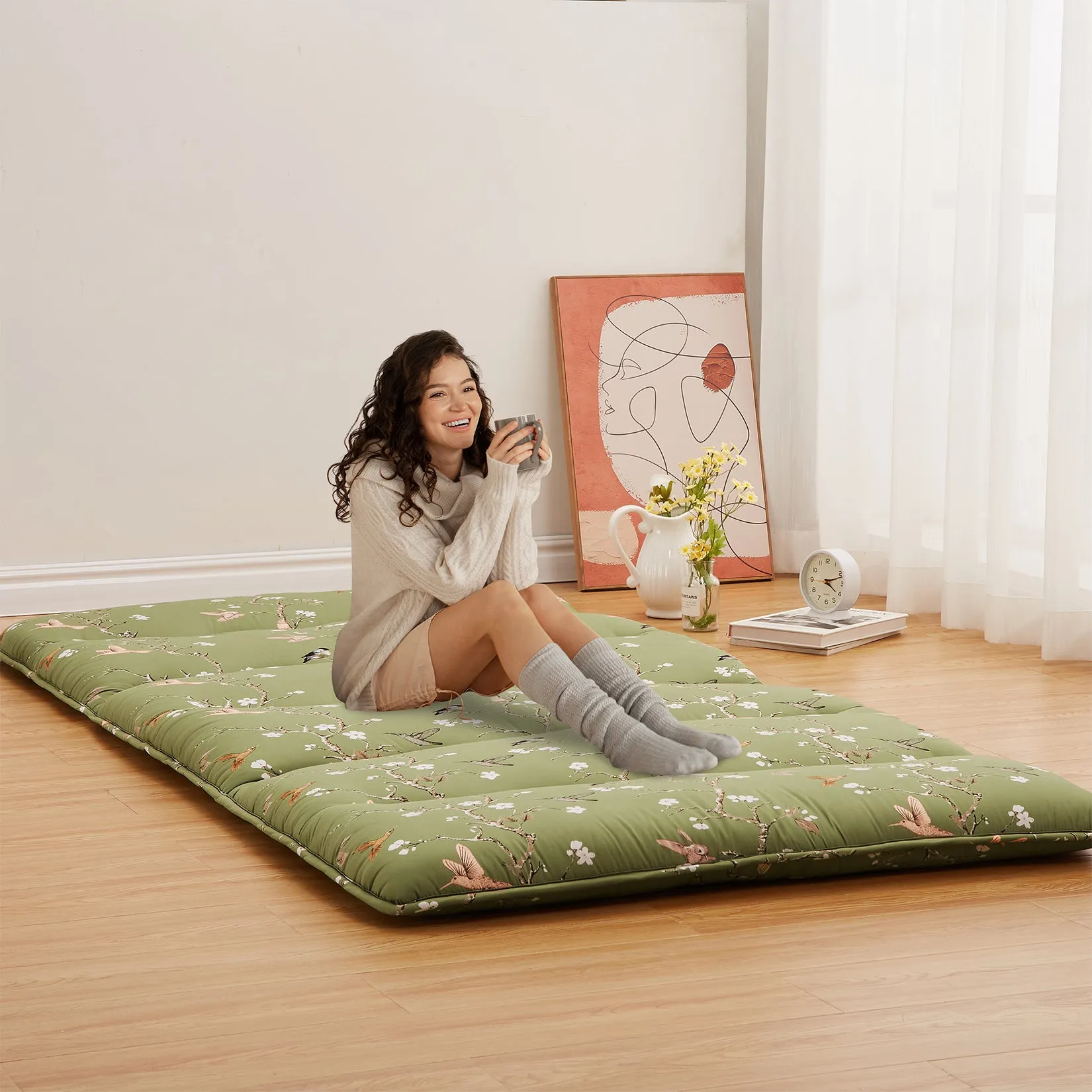 GARVEE Japanese Futon Mattress, Twin Size Futon Floor Mattress Japanese Style Floral Pattern Mattress for Floor, Tatami Mat, Sleeping Mattress Pad for Camping Travel, Fly Bird