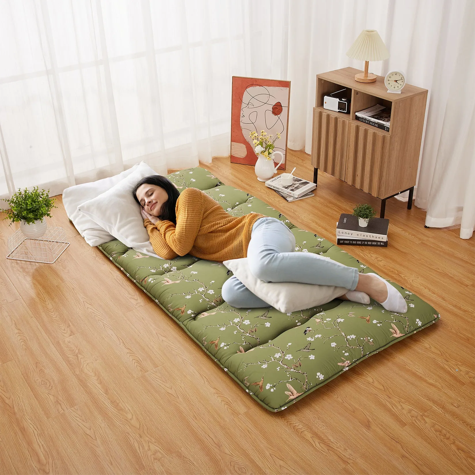 GARVEE Japanese Futon Mattress, Twin Size Futon Floor Mattress Japanese Style Floral Pattern Mattress for Floor, Tatami Mat, Sleeping Mattress Pad for Camping Travel, Fly Bird