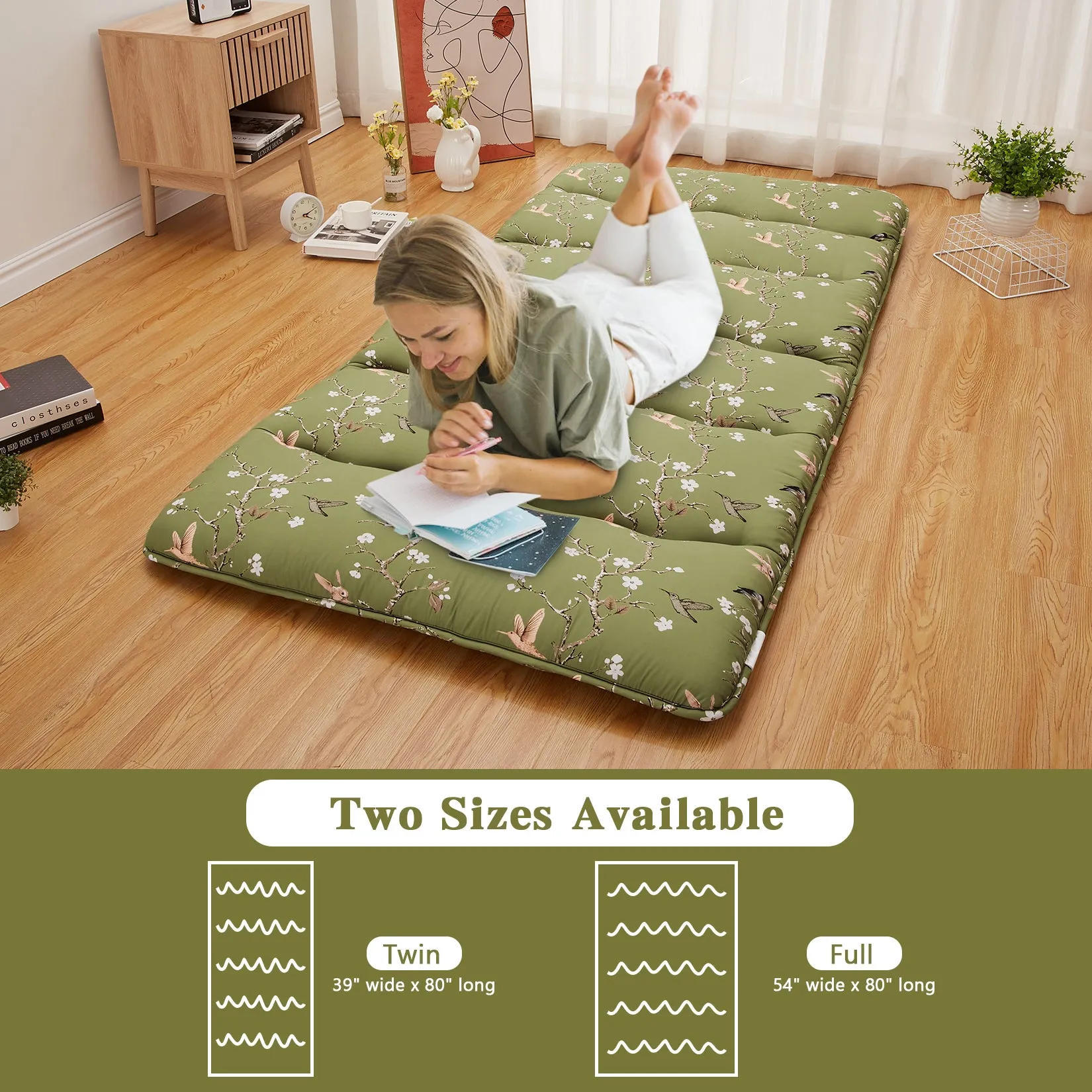 GARVEE Japanese Futon Mattress, Twin Size Futon Floor Mattress Japanese Style Floral Pattern Mattress for Floor, Tatami Mat, Sleeping Mattress Pad for Camping Travel, Fly Bird