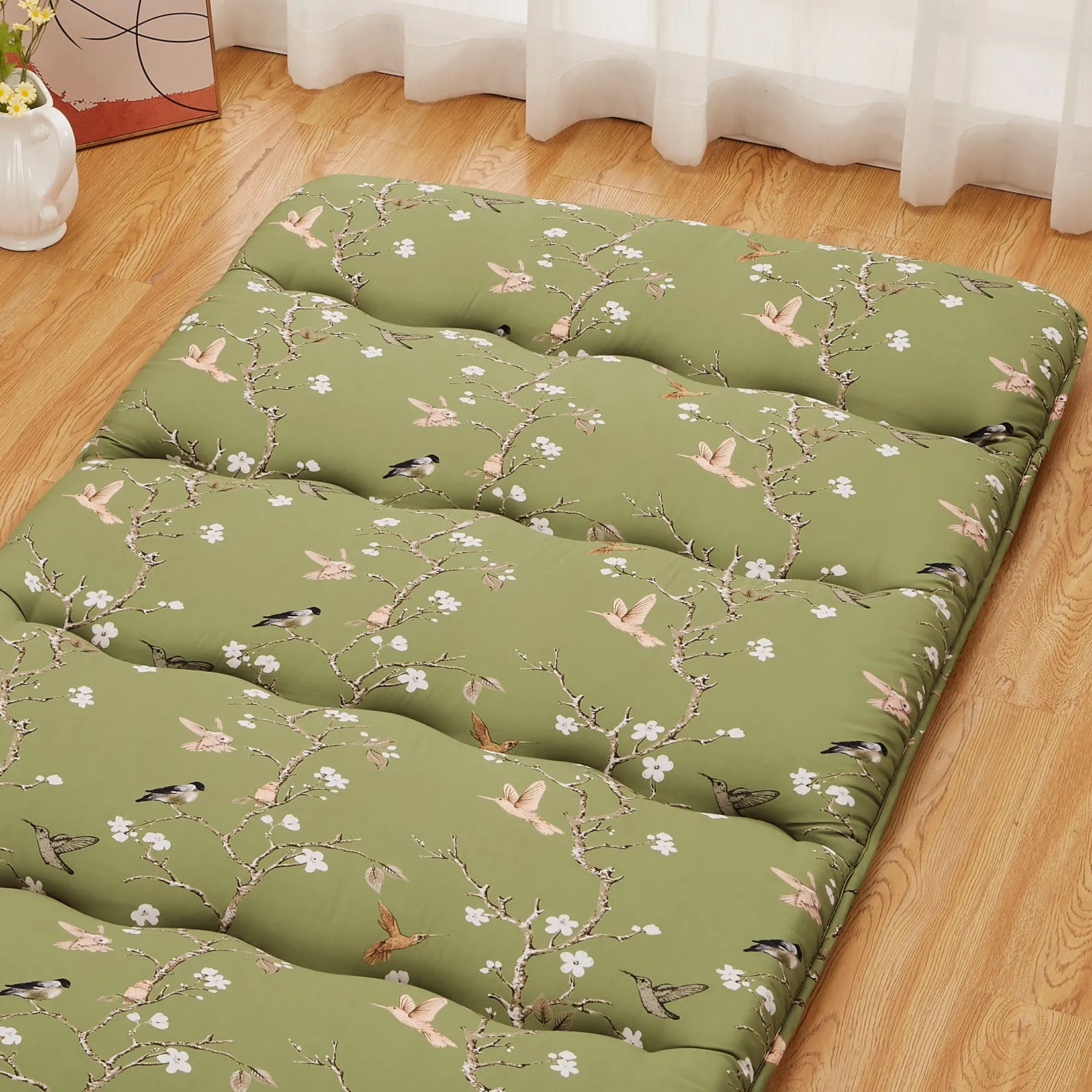 GARVEE Japanese Futon Mattress, Twin Size Futon Floor Mattress Japanese Style Floral Pattern Mattress for Floor, Tatami Mat, Sleeping Mattress Pad for Camping Travel, Fly Bird